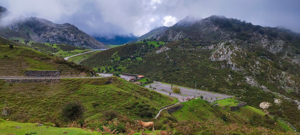 a scenic view of a winding road in the mountains