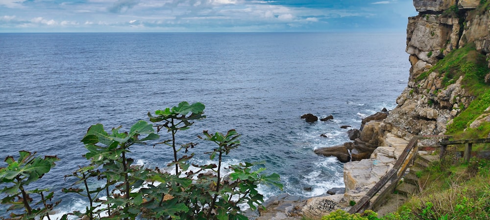 a rocky cliff overlooks a body of water