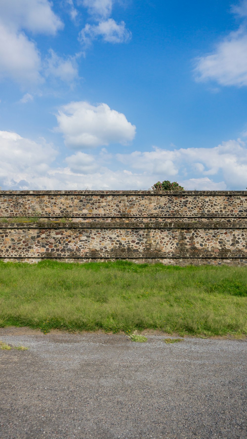 a man riding a skateboard down a street next to a stone wall