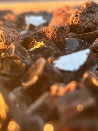 Close-up of rich, dark shilajit resin nestled among Himalayan mountain rocks under bright sunlight.