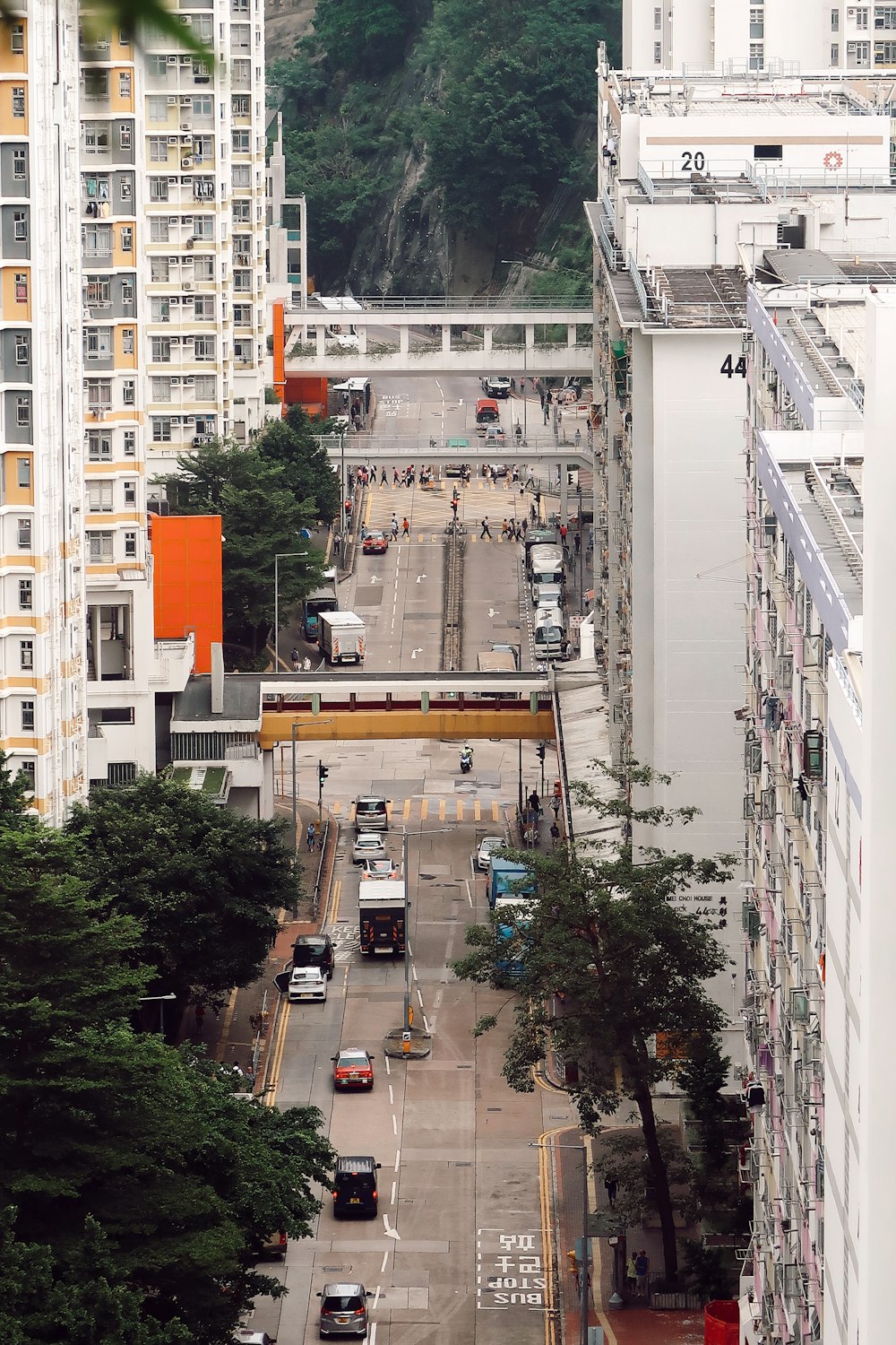 a view of a city street from a tall building