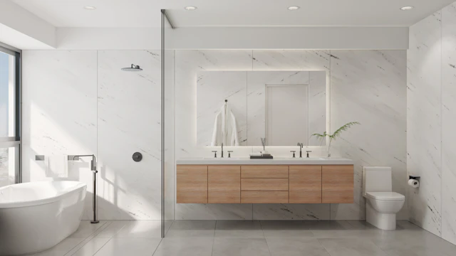 Floating oak vanity in bright marble bathroom
