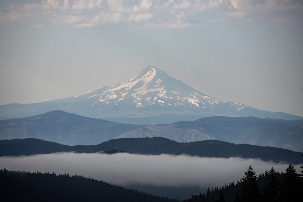 a view of a snow covered mountain in the distance