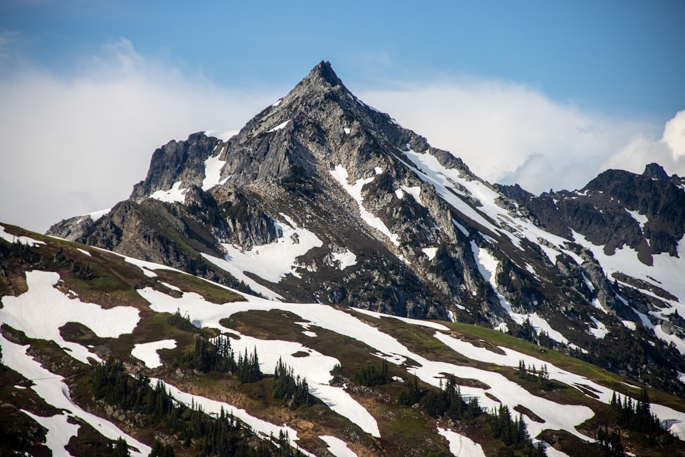 ein schneebedeckter Berg mit Bäumen an der Seite