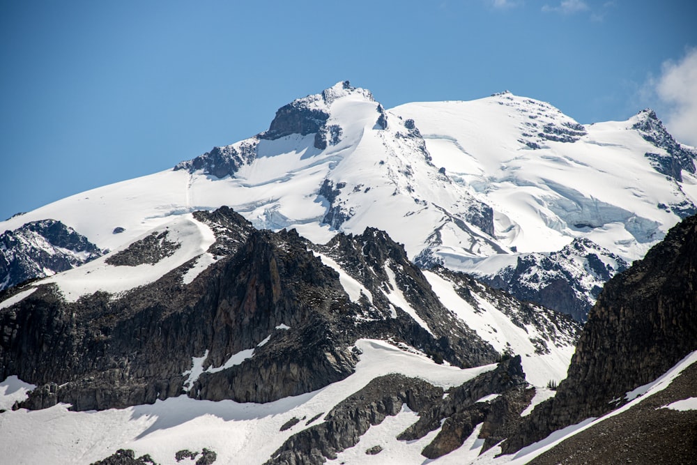 a large mountain covered in snow under a blue sky