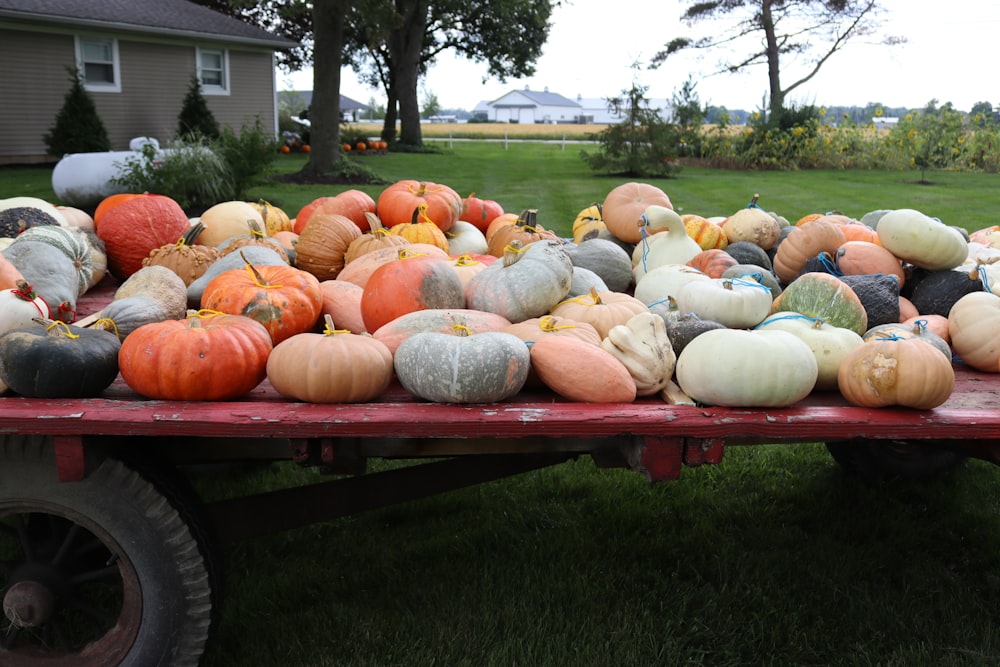 a red wagon filled with lots of pumpkins