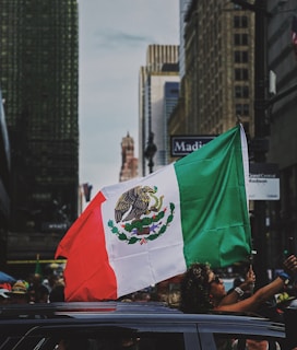A person holds a large Mexican flag amidst a bustling city street lined with tall buildings. The surroundings include diverse buildings and a partially visible car hood, with people visible in the background.