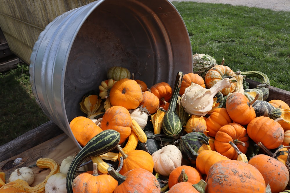a bucket filled with lots of pumpkins and squash