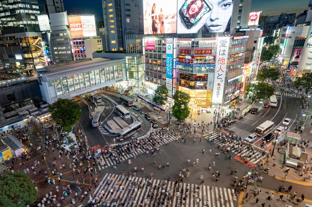 an aerial view of a busy city street at night