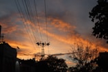 A dramatic sunset sky with orange and dark clouds is complemented by silhouettes of trees, power lines, and a utility pole. The scene captures the interplay of urban and natural elements.