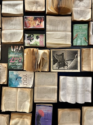 An arrangement of various open and closed books displayed on a flat surface. The books vary in size and cover design, featuring both text and colorful illustrations. Some books are stacked, while others are opened to show their pages. The composition is artful, suggesting a theme of literature and storytelling.