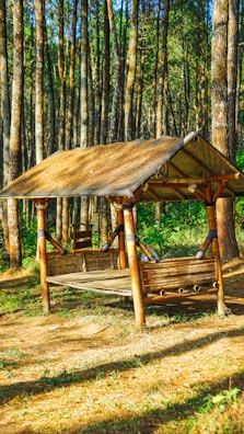 A sturdy wooden shelter nestled in a dense forest, surrounded by tall trees.