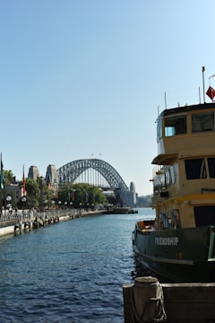 A large ferry named 'Friendship' is docked along a waterfront with a row of lamp posts and flags lining the dock. In the background, there is a prominent steel arch bridge spanning a body of water. The sky is clear and blue, contributing to a serene and pleasant atmosphere.