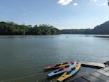 A serene river scene with three kayaks of different colors, red, blue, and yellow, tied to a small dock. Lush green trees line the opposite bank, under a clear blue sky with few clouds. A single person is seen kayaking in the distance.