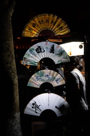 A display of decorative paper fans, each with intricate designs and calligraphy, is arranged vertically against a dark background. The fans are illuminated by a soft light source, casting a warm glow. A silhouetted figure stands nearby, adding to the serene ambiance.
