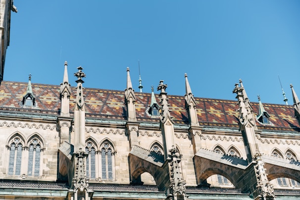A section of a Gothic-style rooftop with ornate stone carvings and detailed spires, set against a clear blue sky. The roof is adorned with multicolored tiles arranged in a patterned design.