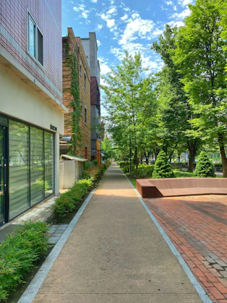 A well-maintained commercial building with freshly cleaned sidewalks and vibrant landscaping under a clear sky.