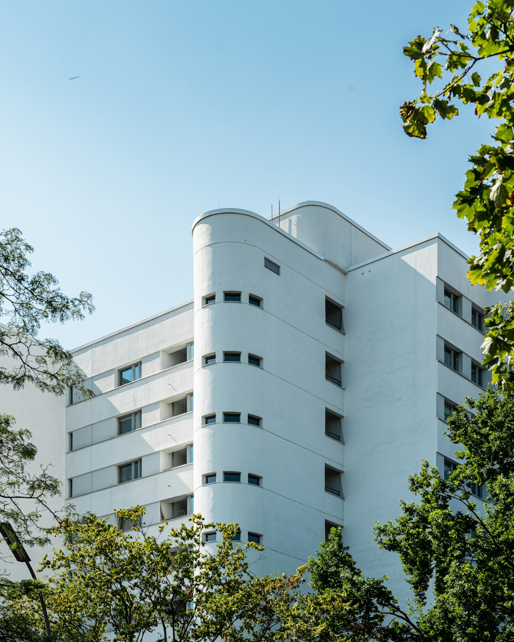 a tall white building sitting next to a lush green forest