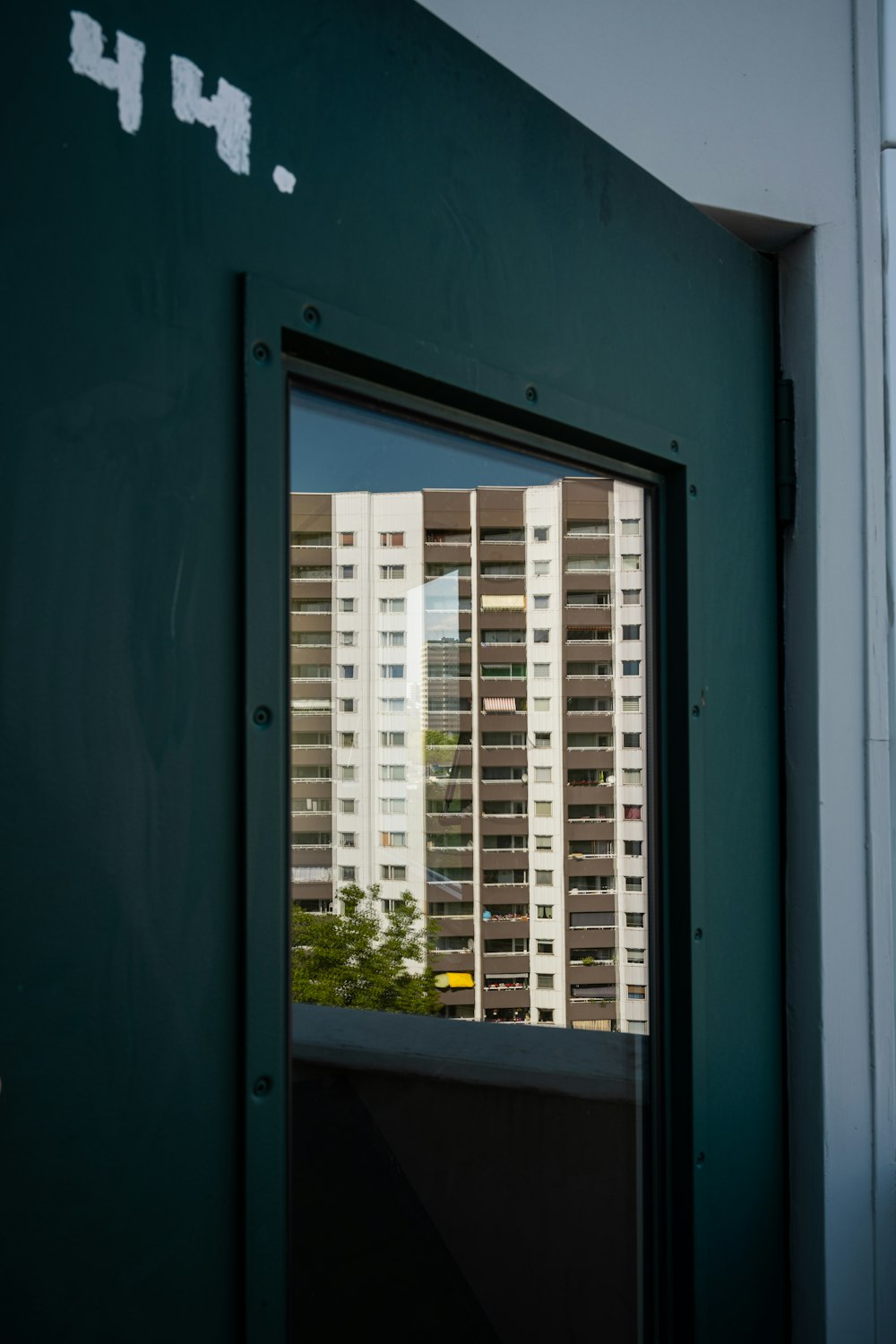 a view of a building through a window