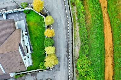 An aerial view of a corner building with a tiled roof adjacent to a lush green lawn bordered by a line of trees. On one side is a paved road with a striped border, and on the other side, a natural area with a dirt path running through greenery.