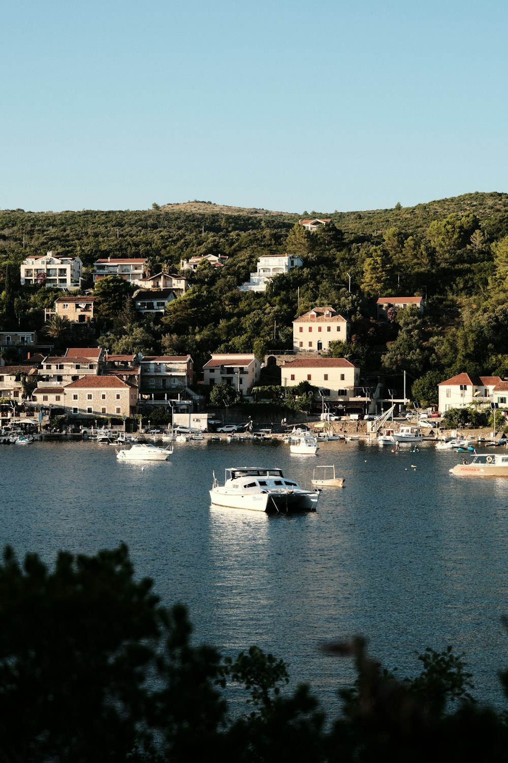 a harbor filled with lots of boats next to a lush green hillside