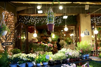 A vibrant flower shop is filled with diverse plant arrangements and hanging lights. Potted plants and flowers in shades of white, pink, and green are beautifully displayed on tables. Illuminated signs and fairy lights add to the cozy atmosphere, while large bulbs hang from the ceiling. The shop's open sign indicates it's ready for customers.