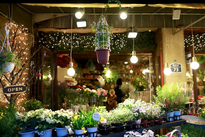 A vibrant flower shop is filled with diverse plant arrangements and hanging lights. Potted plants and flowers in shades of white, pink, and green are beautifully displayed on tables. Illuminated signs and fairy lights add to the cozy atmosphere, while large bulbs hang from the ceiling. The shop's open sign indicates it's ready for customers.