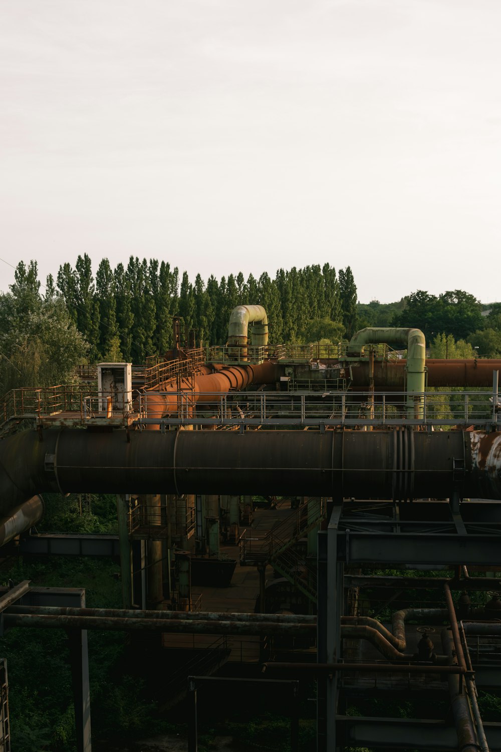 Tuberías y tuberías en una zona industrial con árboles al fondo