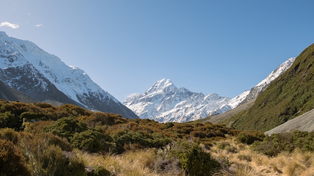 a view of a mountain range with snow on it