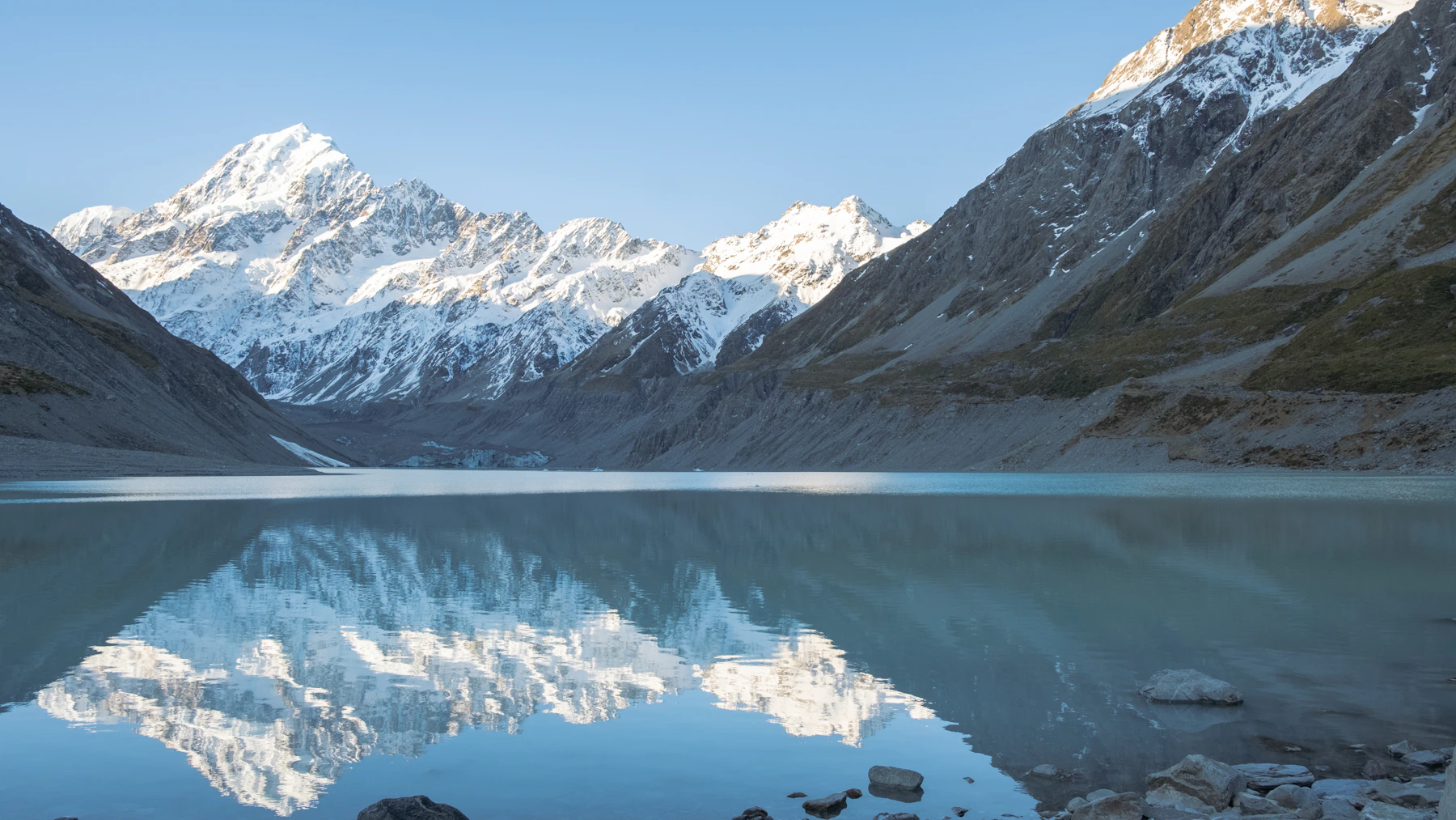 New Zealand alpine mountains reflected in a lake