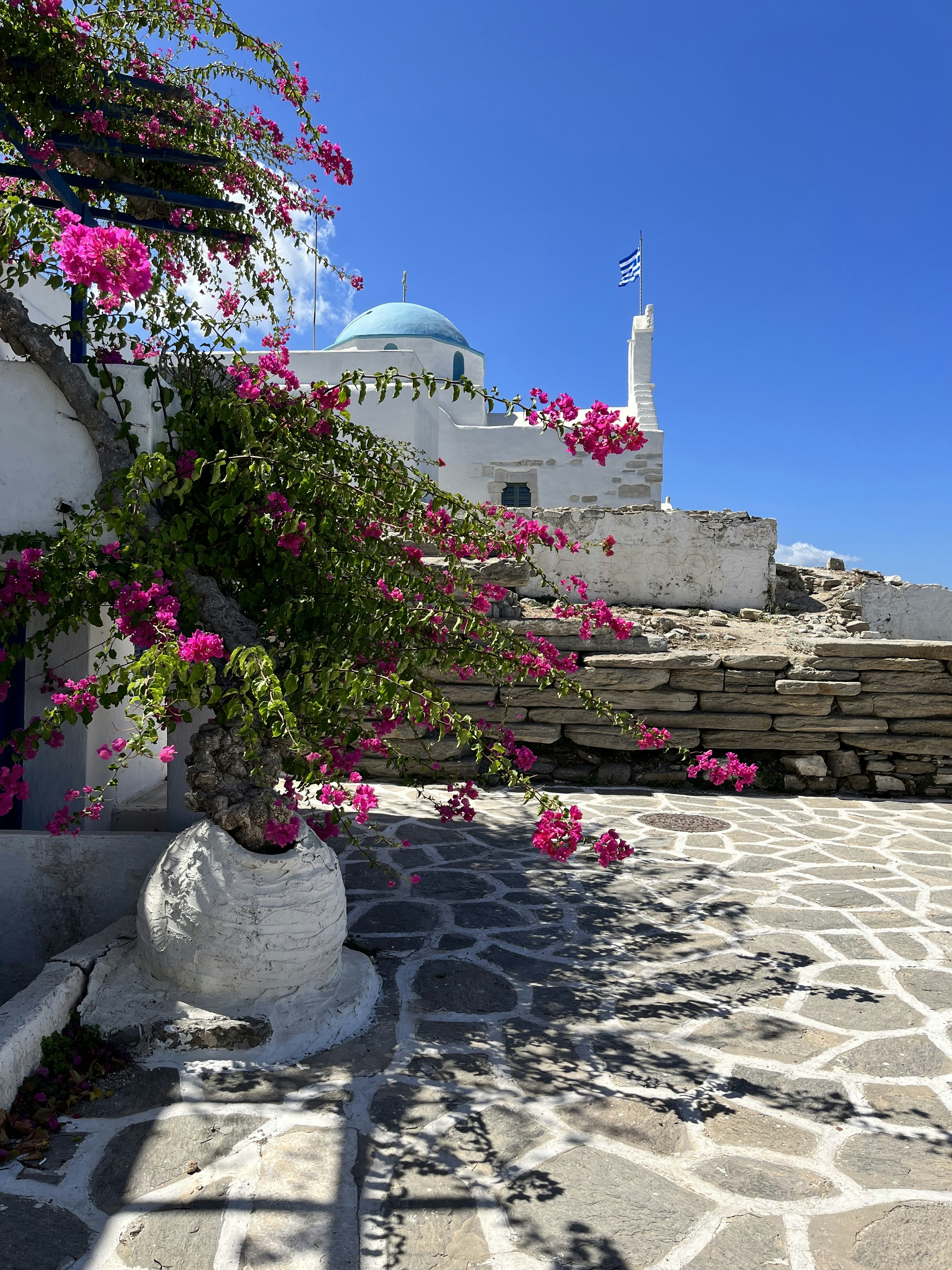 A bright and sunny scene featuring a traditional white-washed building with a blue dome, commonly seen in Greek architecture. Vibrant pink bougainvillea flowers cascade over a textured stone path, casting intricate shadows. A Greek flag is visible waving gently in the breeze against a clear blue sky.