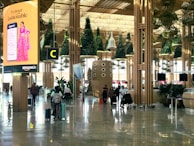 A busy airport terminal with modern architectural design features wooden columns and green plants hanging from the ceiling. There is a prominent digital advertisement display for Amazon with a woman in traditional attire. People are walking with luggage, creating an active and bustling atmosphere.