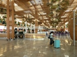 A spacious airport terminal features wooden architectural elements and large hanging planters. The reflective marble floor enhances the bright and airy atmosphere. Several travelers are visible, including a person with a teal suitcase in the foreground.