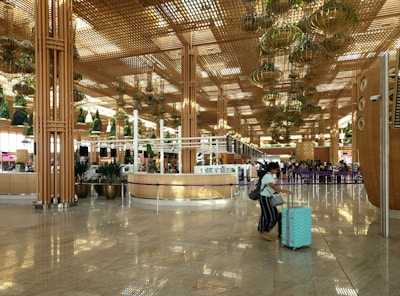 A spacious airport terminal features wooden architectural elements and large hanging planters. The reflective marble floor enhances the bright and airy atmosphere. Several travelers are visible, including a person with a teal suitcase in the foreground.