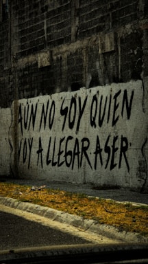 A graffiti on a concrete wall with a Spanish phrase written in large, bold black letters. The wall is part of an urban setting with a gritty texture, and the ground in front of it has sparse patches of grass and a sidewalk.