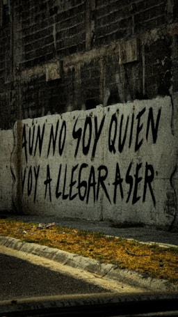 A graffiti on a concrete wall with a Spanish phrase written in large, bold black letters. The wall is part of an urban setting with a gritty texture, and the ground in front of it has sparse patches of grass and a sidewalk.