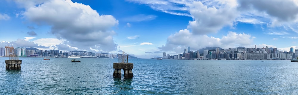 a large body of water with a city in the background