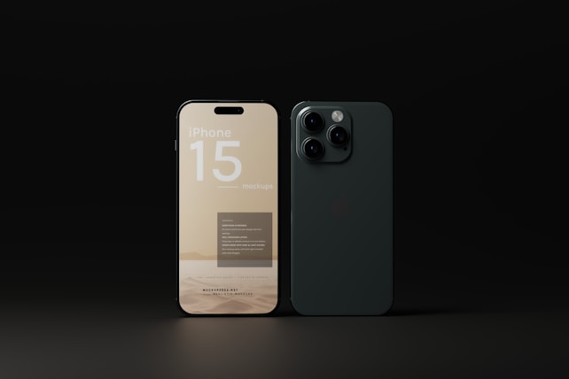 Two iPhone 15 models positioned against a dark background. One phone shows a mockup screen with a minimalistic design, while the other displays the back featuring the camera layout.