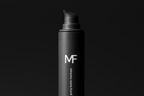 A sleek, black bottle with a pump dispenser top. The bottle has a matte finish and features the text 'MF' in large white letters, with 'pump bottle mockups' written vertically beneath it. The background is also black, creating a minimalist and modern aesthetic.