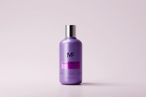 A radiant beauty product bottle standing tall with a subtle purple gradient backdrop.