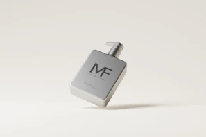 A sleek, metallic dispenser bottle with a pump, featuring the letters 'MF' on the front. The bottle appears to be floating against a minimalistic, light beige background, emphasizing its modern design.