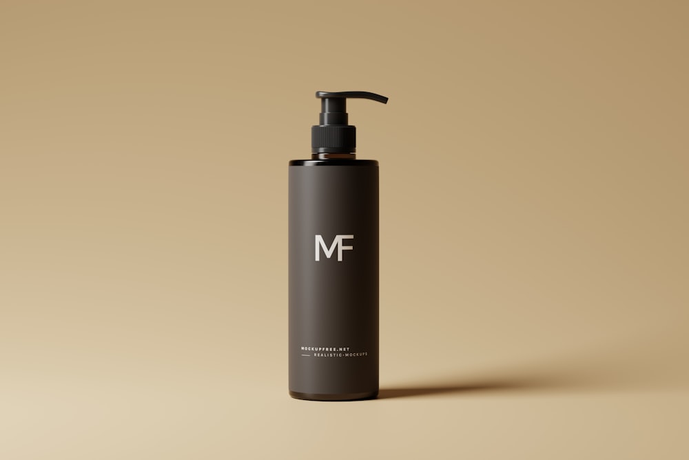 a bottle of mf shampoo on a tan background