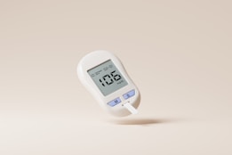 A digital glucose meter displaying a reading of 106 mg/dL. The device is predominantly white with purple buttons labeled with 'M' and 'S'. A test strip is inserted into the bottom of the meter. The background is a plain, light beige color.