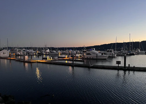 A serene marina at sunset with boats gently rocking by the docks.