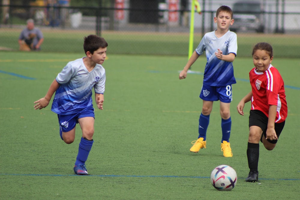 a group of young boys playing a game of soccer