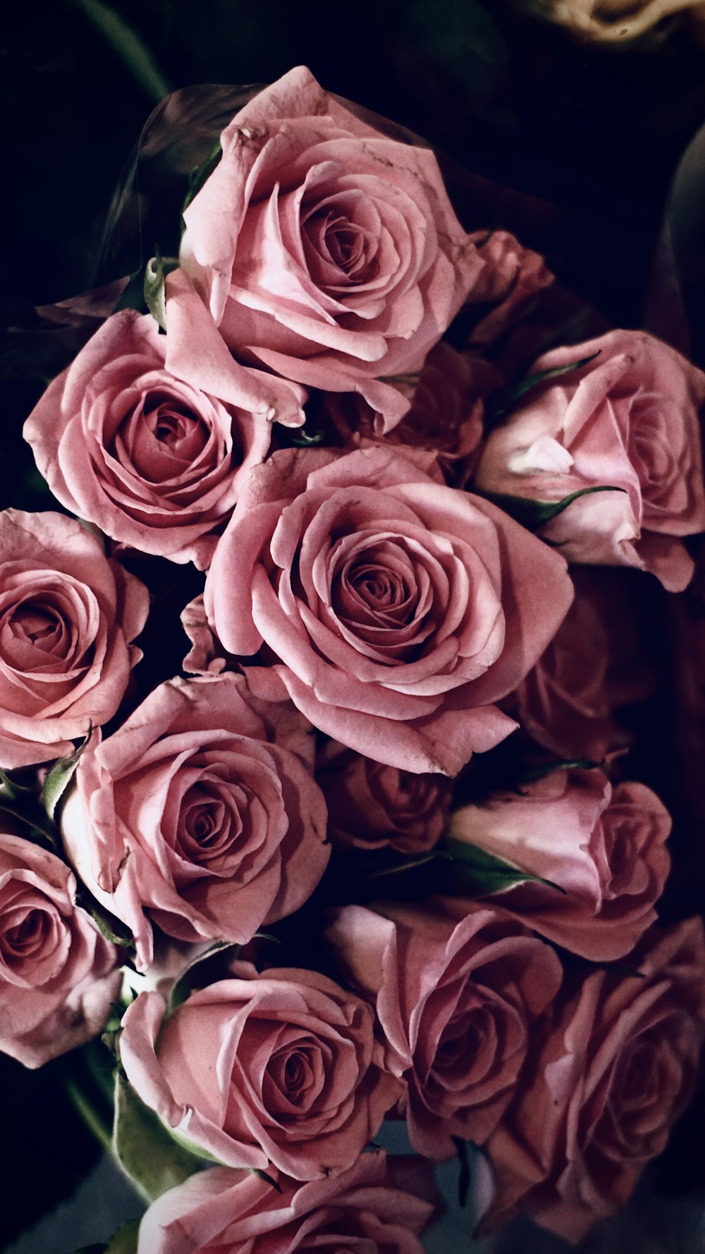 a bouquet of pink roses sitting on top of a table