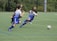 A group of young boys are actively playing soccer on a green sports field. One boy in a blue and white uniform is lunging forward, closely followed by three others in darker uniforms. The ball is in motion on the field, indicating an intense play.