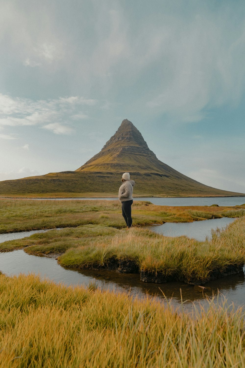 a person standing in a field with a mountain in the background