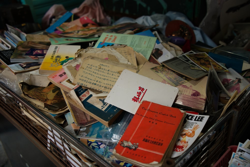 a basket full of books and papers on top of a table