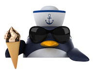 A cartoon penguin is wearing large black sunglasses and a sailor hat decorated with a blue anchor symbol. It is holding an ice cream cone with chocolate and vanilla swirls, topped with small nuts.